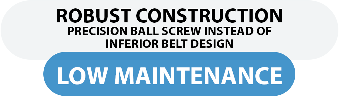 Robust construction, precision ball screw instead of inferior belt design